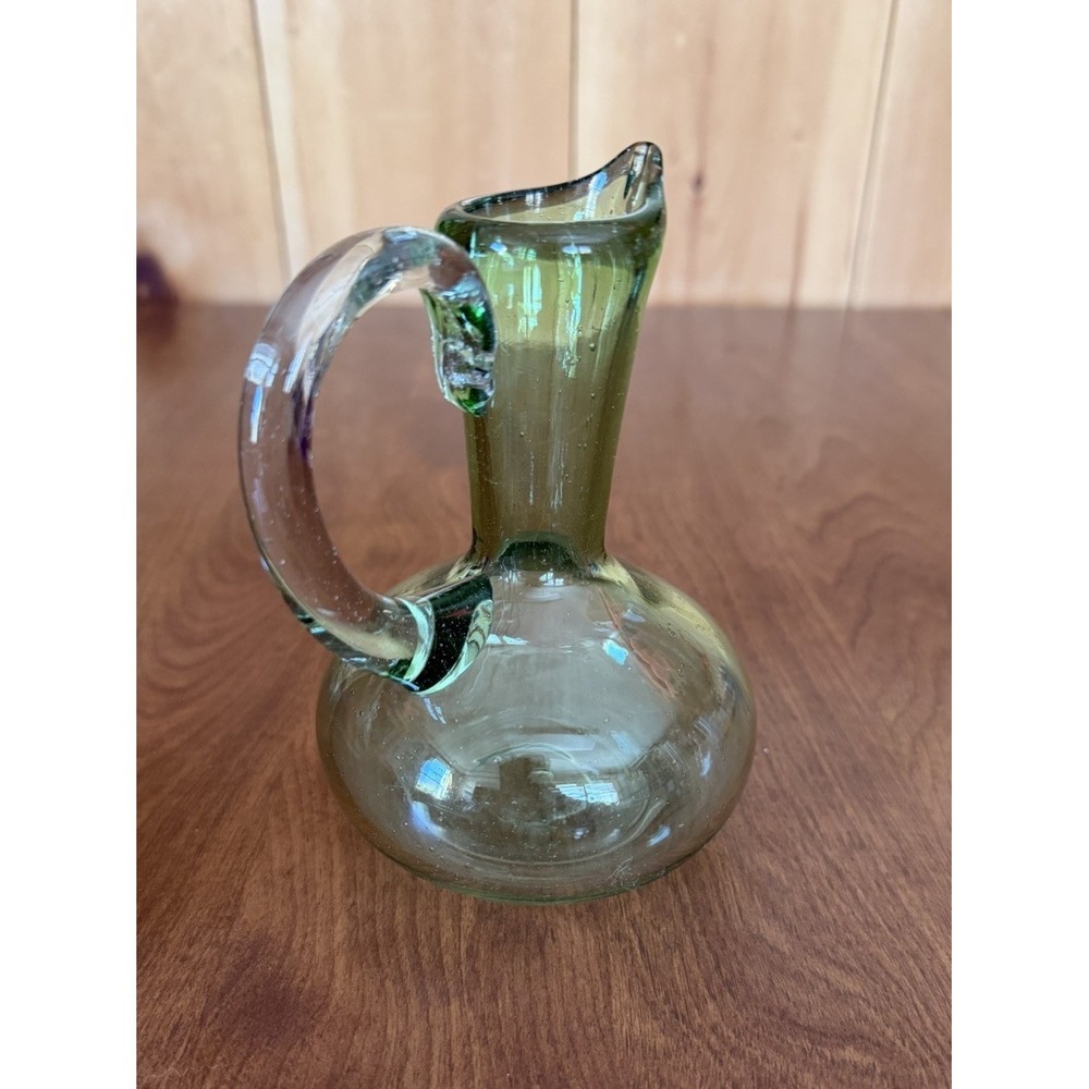 Hand Blown Vtg Lt Green Glass Applied Clear Handle‎ Cruet With Pontil 5" Bubbles - Picture 3 of 8
